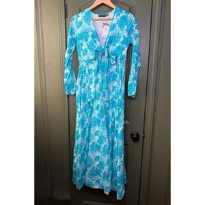 NWT Ro's Garden Angela Maxi Coastal Floral Resort Dress Blue Aqua Messina XS